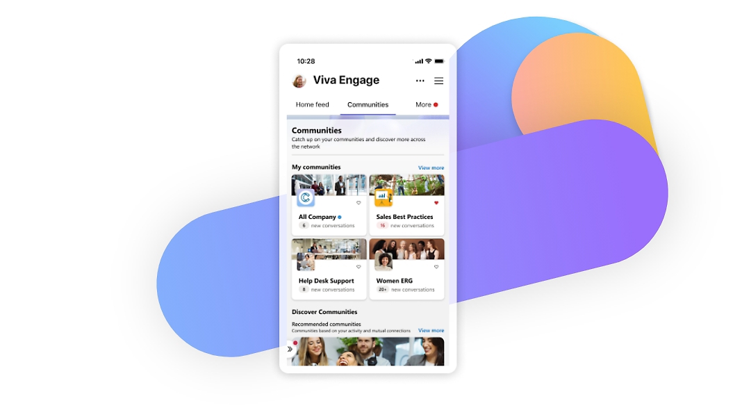 Viva Engage’de kullanıcı topluluklarını gösteren bir mobil ekran.