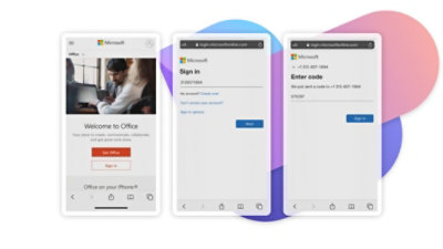 Drei Mobilgerät-Displays, auf denen der sichere Office-Anmeldeprozess dargestellt ist