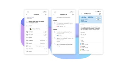 Drei Mobilgerät-Displays mit Details zu einer bestimmten Aufgabe, einer Liste der einem Benutzer zugewiesenen Aufgaben und Schichtdetails für einen Benutzer