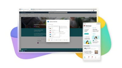 Ein Desktopbildschirm mit einer SharePoint-Datei, die in Microsoft Viva Engage geteilt wird, und ein Mobilgerät-Display mit einem Dashboard