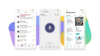 Drei Mobilgerät-Displays mit einem dringenden Teams-Chat, der in Teams verwendeten Walkie-Talkie-App und einem Dashboard für die Schichten-App in Teams