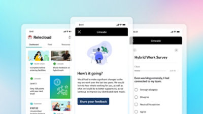 Pantallas de móvil que muestran un panel de información, una encuesta de trabajo híbrido y una solicitud de comentarios en Viva Connections