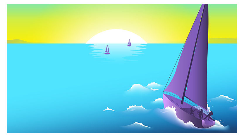 A stylized image of sailboats sailing into the sunset