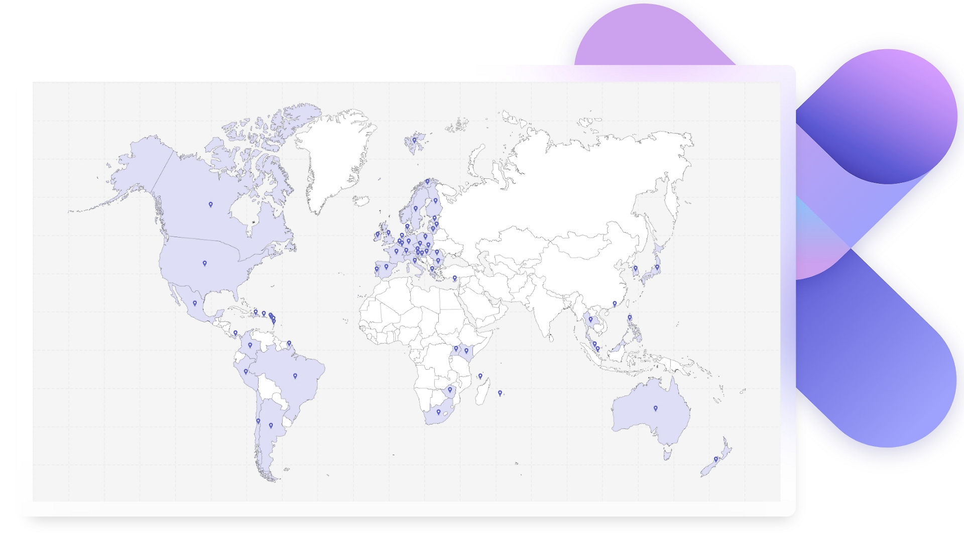 En världskarta med kartnålar i Nordamerika, Europa, Afrika, Asien och Australien.