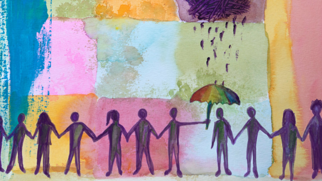 A painting representing people holding hands with colorful background.