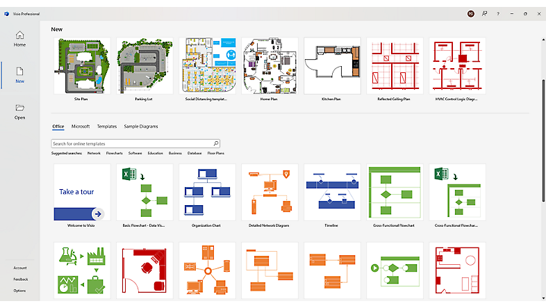 Device screen showing the start experience to create a new diagram in Visio