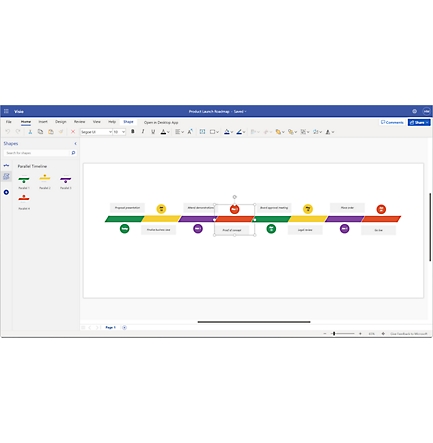 Device screen showing the Product Launch Roadmap template in Visio for the web