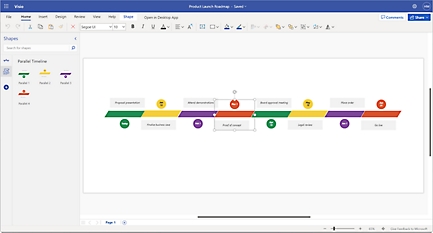 Device screen showing the Product Launch Roadmap template in Visio for the web