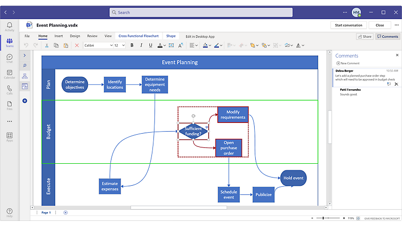 Device screen showing a Visio file open in Microsoft Teams