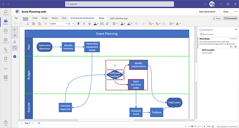 Device screen showing a Visio file open in Microsoft Teams