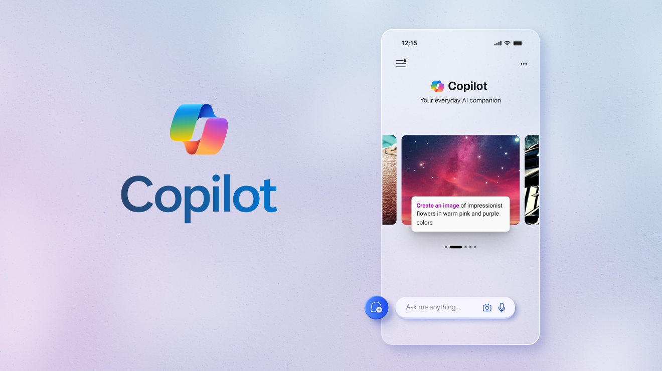 Een promotionele afbeelding voor Copilot, met het logo en een mobiele-appinterface met de slogan 'je dagelijkse AI-partner'