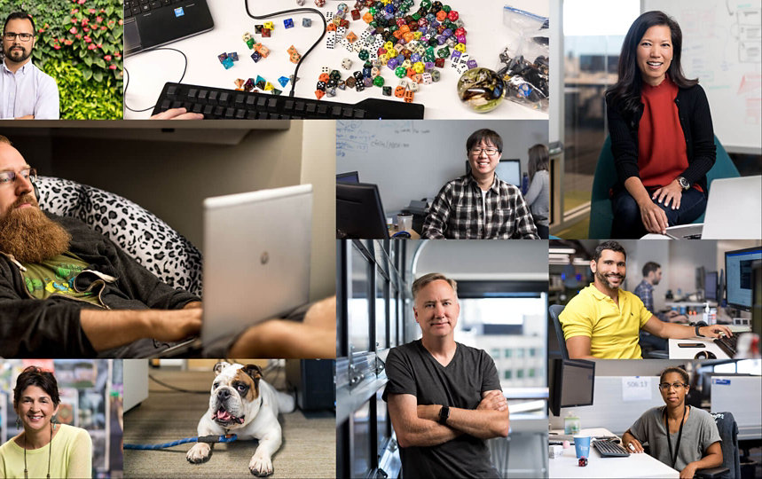 Composite of several other photos: seven portraits of male and female developers; one showing developer on beanbag; portrait of dog; and a closeup of hands on a keyboard and game dice.