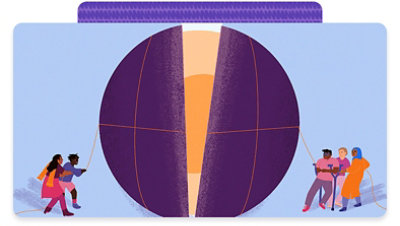 An illustration of a group of people pulling open a large round object.