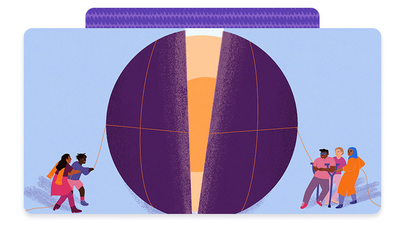 An illustration of a group of people pulling open a large round object.