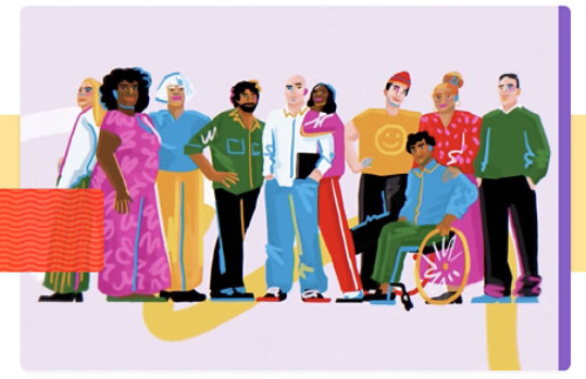 Illustration of people with various skin tones and abilities standing together