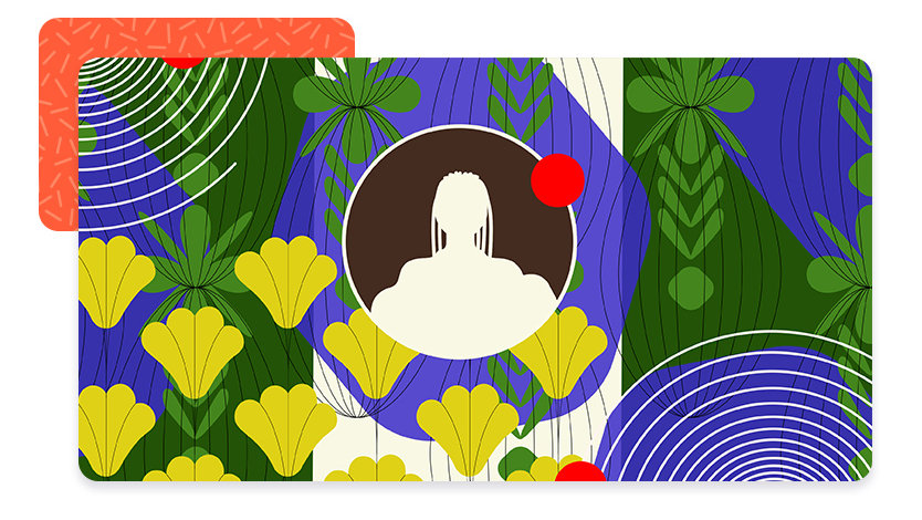 An illustrated silhouette of Funmi Omoliki on a stylized background.