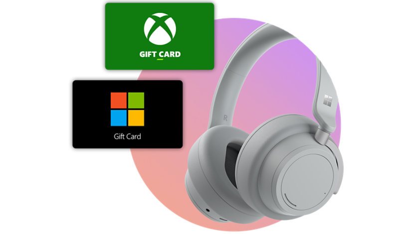 A Surface Headphones next to gift cards for Microsoft Store and Xbox.