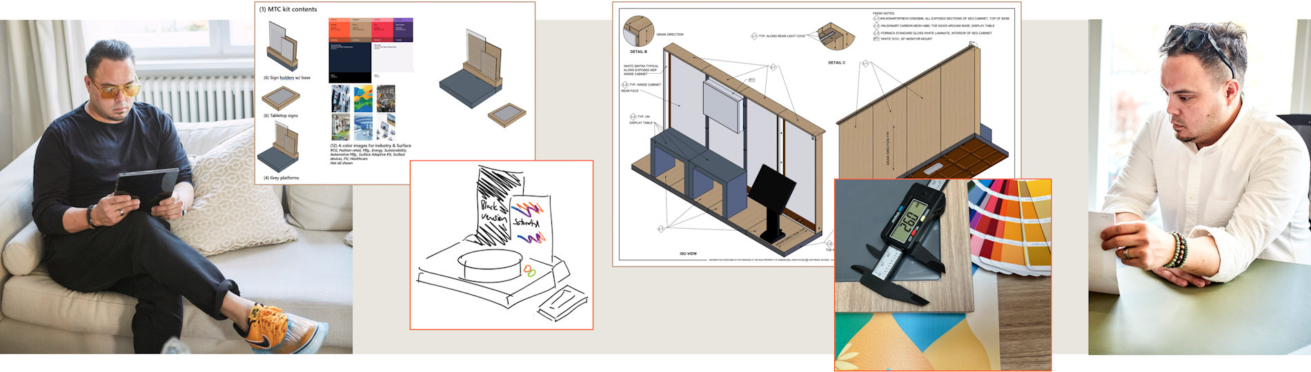 Montage. A picture of Eric Hurt reading a tablet on a sofa.  A picture of Eric reading papers on a desk. Three images showing the evolution of a design from sketch, through 3D render, to finished retail display product.