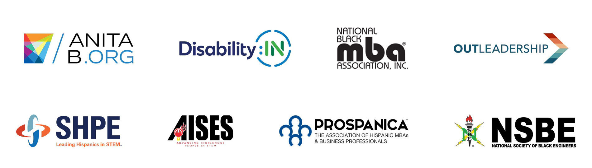 AnitaB.org logo, Disability:IN logo, National Black MBA Association logo, OutLeadership logo, SHPE logo, AISES logo, Prospanica logo, and NSBE logo