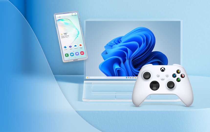 A grouping of devices, including an Xbox controller, a glass phone and a glass laptop.