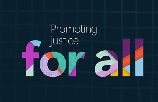 Stylized text from the 2023 Pro Bono Report cover reading “Promoting justice for all”