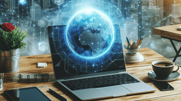 A globe floats in front of a laptop opened on a work desk. 