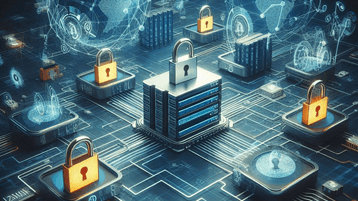 Abstract image of servers with padlocks above them.