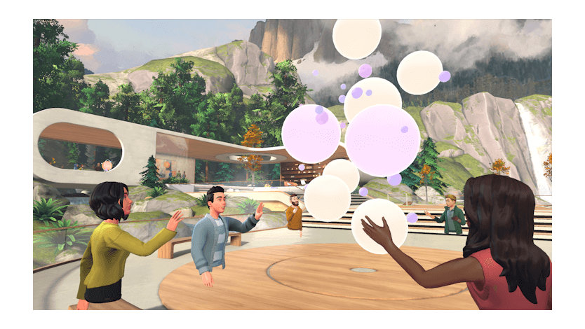 A screenshot of the Microsoft Mesh immersive spaces environment showing different employee-based avatars participating in a Microsoft Teams hybrid meeting.