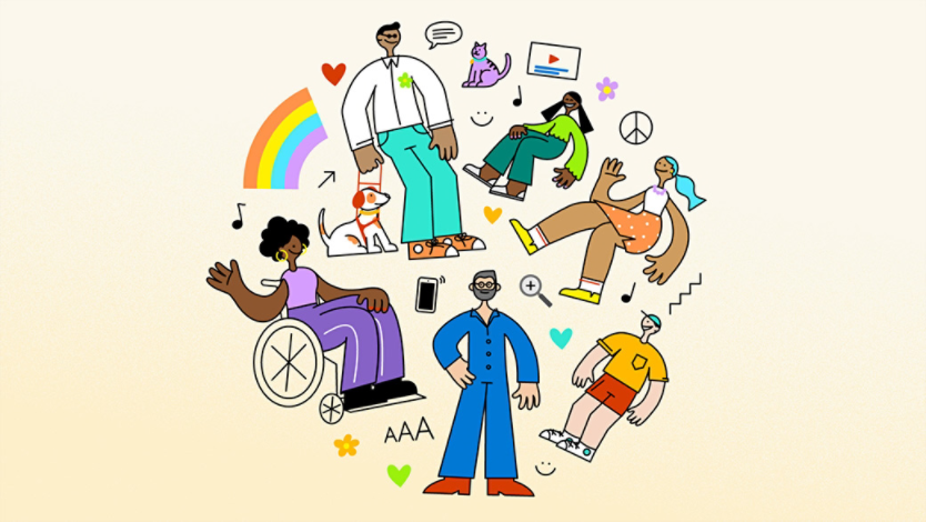 Illustration of people of various ethnicities and abilities in a circle with icons of accessibility and inclusivity