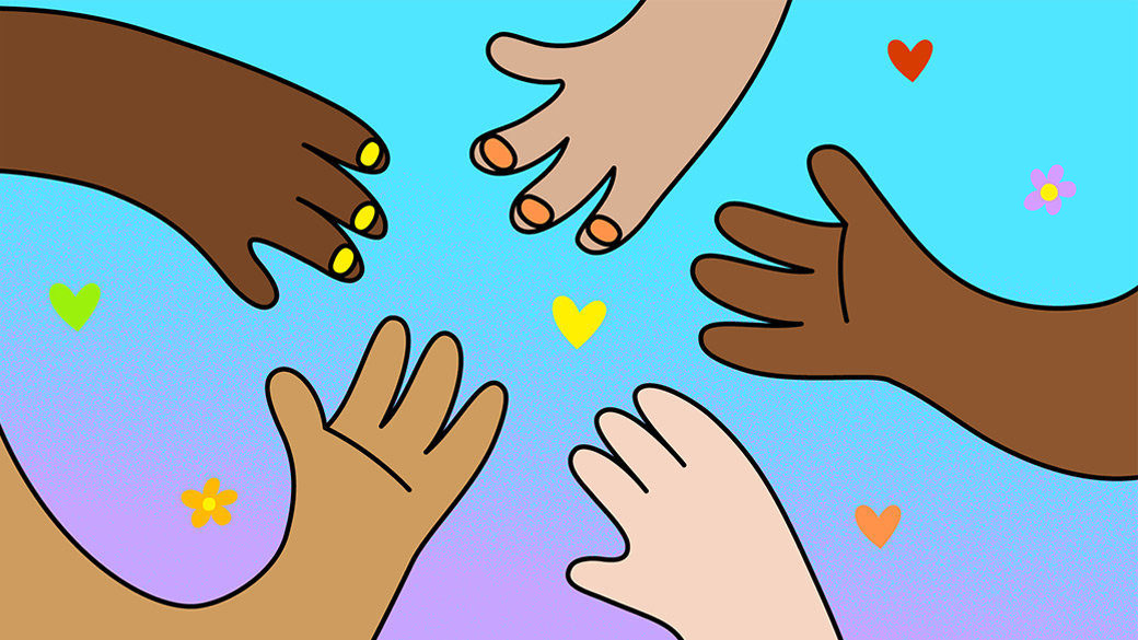 Illustration of diverse hands in a circle surrounded by flowers and hearts