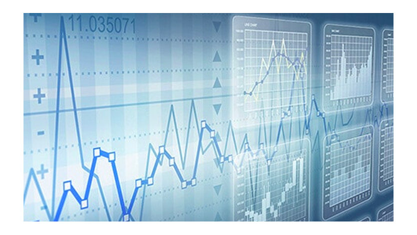 Uma tela grande exibindo uma série de diagramas e gráficos digitais em tom azul e branco.