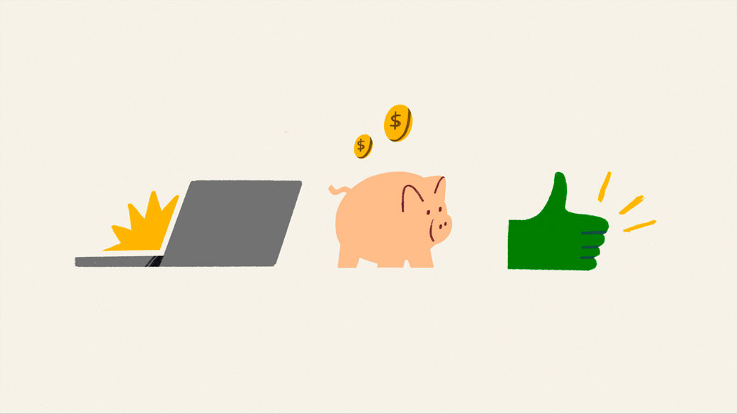 Illustration of a laptop, piggy bank with dollar signs, and a green hand with thumbs up