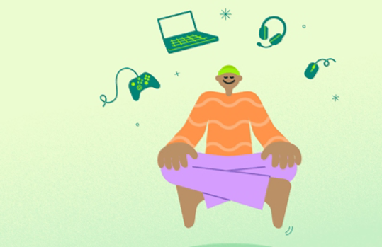 Illustration of person relaxing with game controller, laptop, headset, and mouse