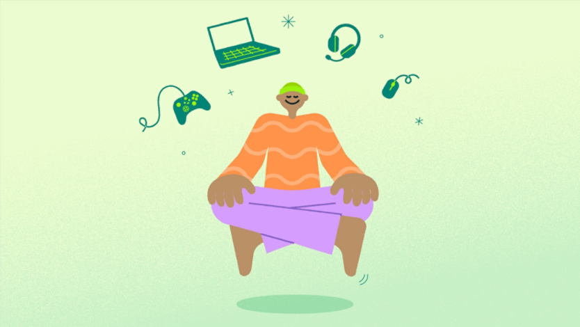 Illustration of person relaxing with game controller, laptop, headset, and mouse floating above his head