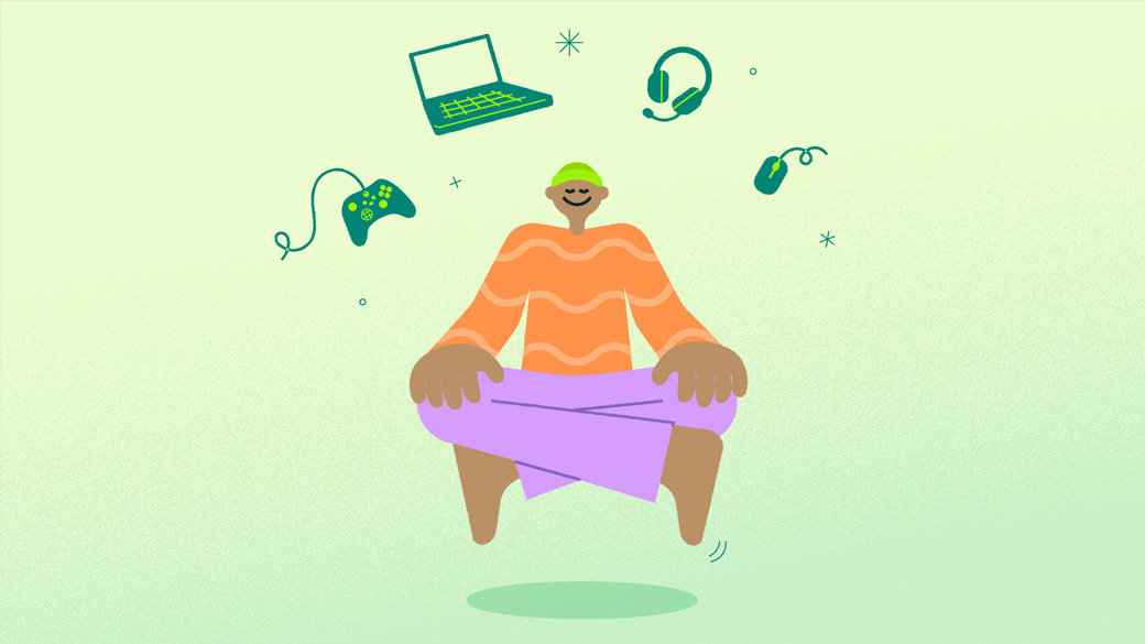 Illustration of person relaxing with game controller, laptop, headset, and mouse
