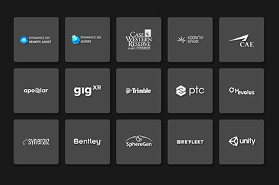 Logo wall of HoloLens 2 partners including Case Western Reserve, GigXR, Trimble, PTC and more.
