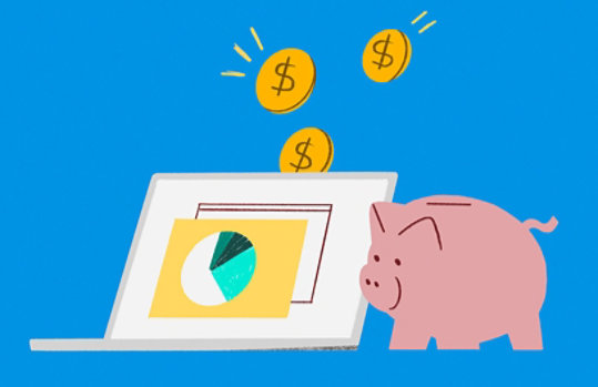 Illustration of a laptop with pie chart, piggy bank, and dollar signs