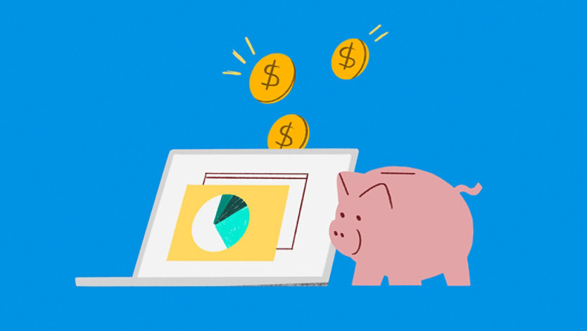 Illustration of a laptop with pie chart, piggy bank, and dollar signs
