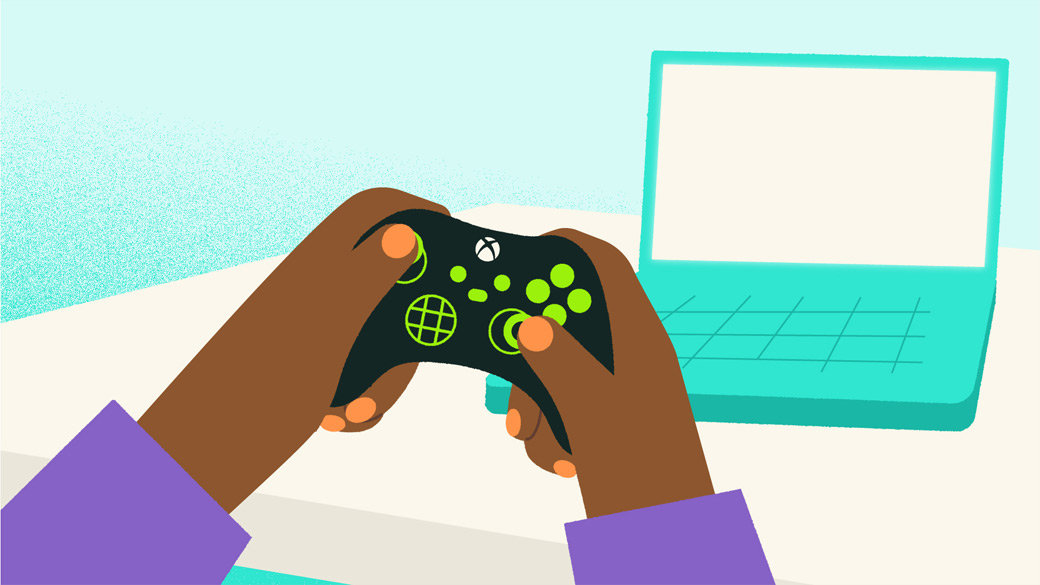 Illustration of hands holding a game controller and laptop on a table