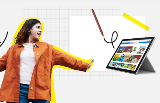 Girl with outstretched arms and illustrated pencil and computer