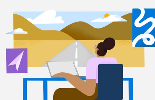 Illustration of a woman with a laptop sitting in front of a highway