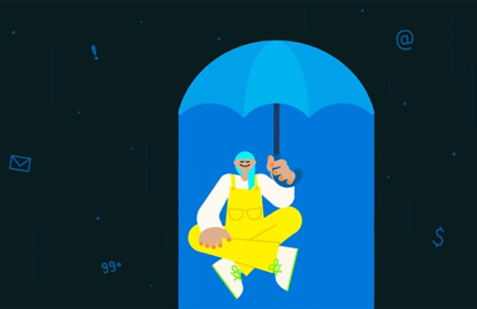 Illustration of a person wearing yellow overalls sitting under a blue umbrella