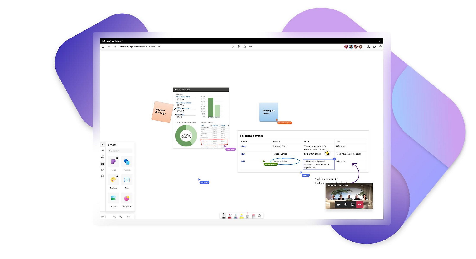 שיחת וידאו ב'מצב ביחד' ב- Teams שבו המשתתפים משתפים פעולה בזמן אמת בלוח ציור של Microsoft Whiteboard.
