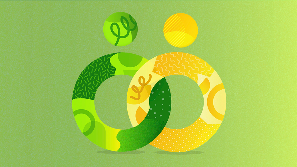 One yellow and one green interlocked rings