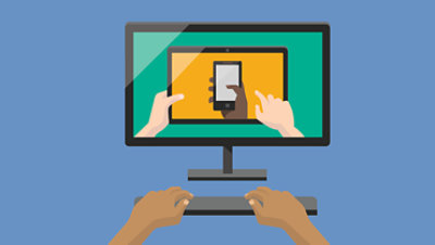 一台卡通电脑显示器上显示着一台平板电脑，平板电脑上显示着一部智能手机，均以屏幕嵌套的方式显示。