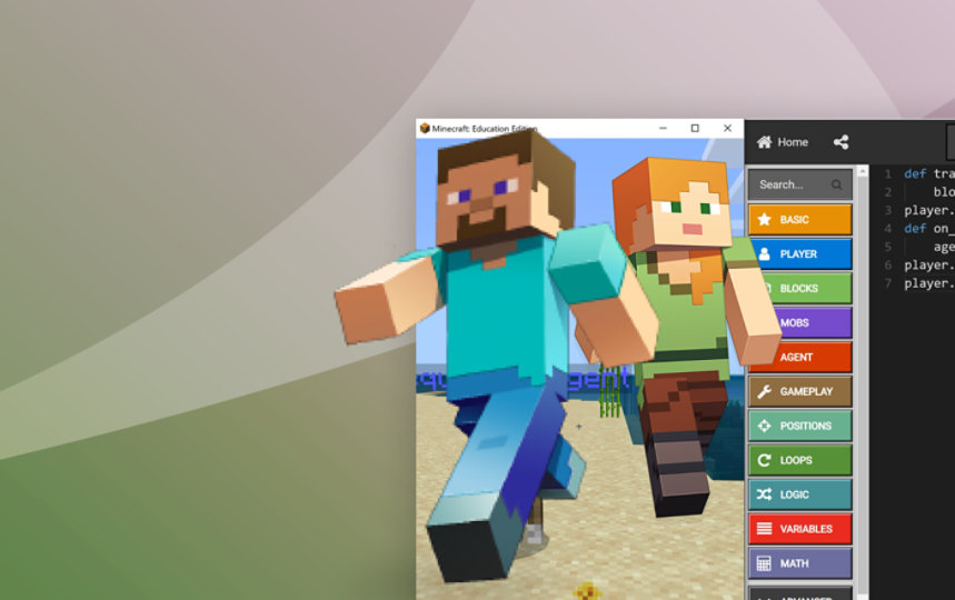 Image of the Minecraft editor with a couple of the characters coming out of the screen