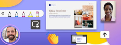 Eine Collage aus Bildern von Personen, die Videounterhaltungen führen, sowie Teams-Symbole für die Bildschirmfreigabe 