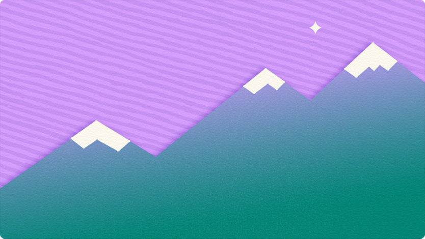 Illustrated green mountains with snow caps and purple sky