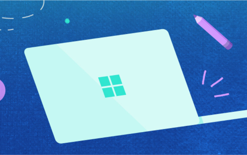 Illustrated laptop  with Windows logo, purple coffee cup, pen, and hourglass