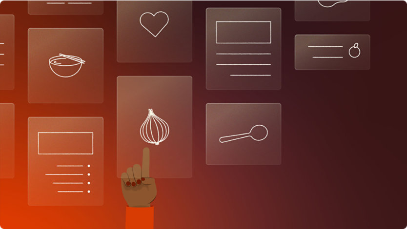 Illustration of cooking utensils, recipe cards, and a hand pointing to a vegetable